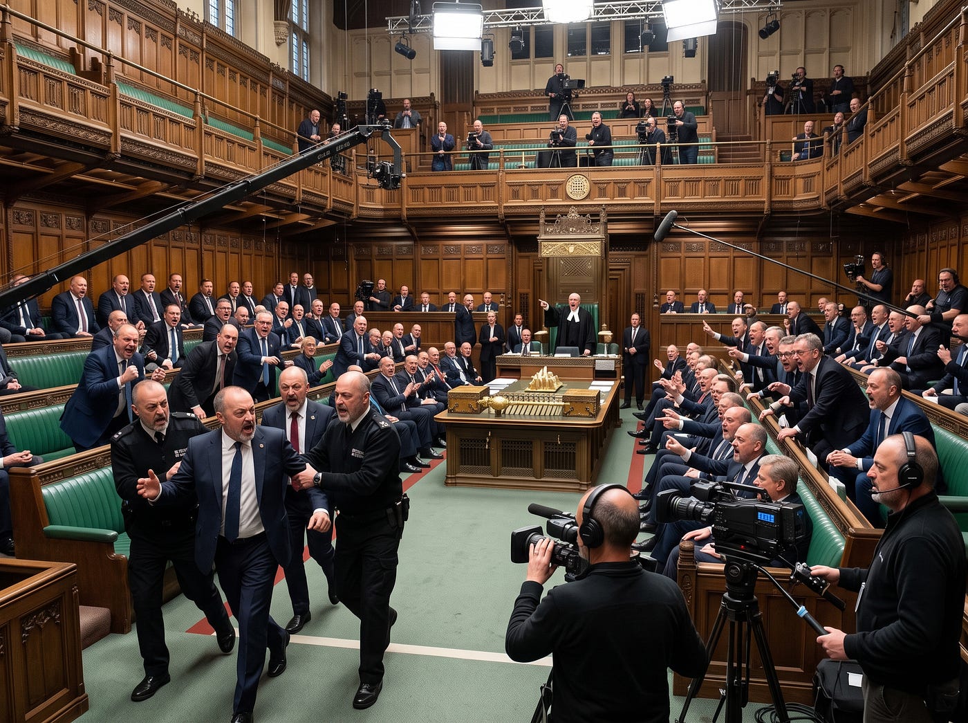 Blackford (Me) actually being escorted out of the commons. The entire SNP benches (All me) following.