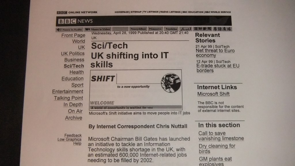 BBC News Online screenshot, “UK shifting into IT skills”, 28 April 1999